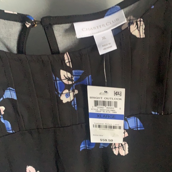 NWT Charter Club Ladies Black & Blue Floral Top - Picture 2 of 3